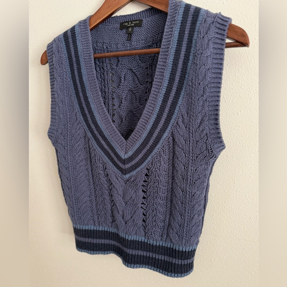rag & bone Cable Knit Sweater Vest | Blue Contrast | XS | Preppy Academia - Picture 4 of 16